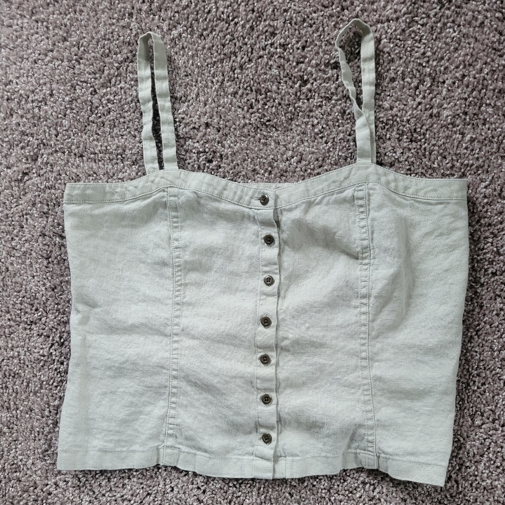 Everlane Picnic Top 100% Linen Size 2 Crop Tank Top Button Up Green Khaki